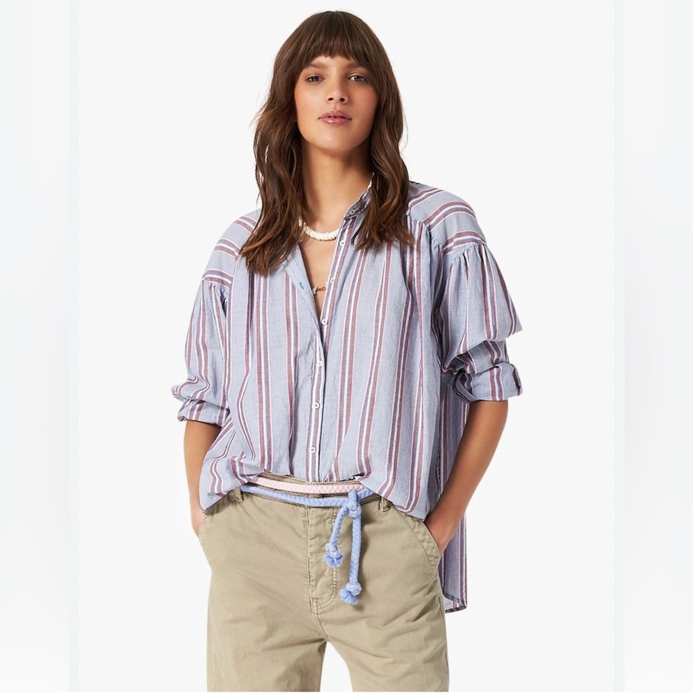 XÍRENA Atlee Cornflower Striped Blue and Red Button Front Women's Top Size S